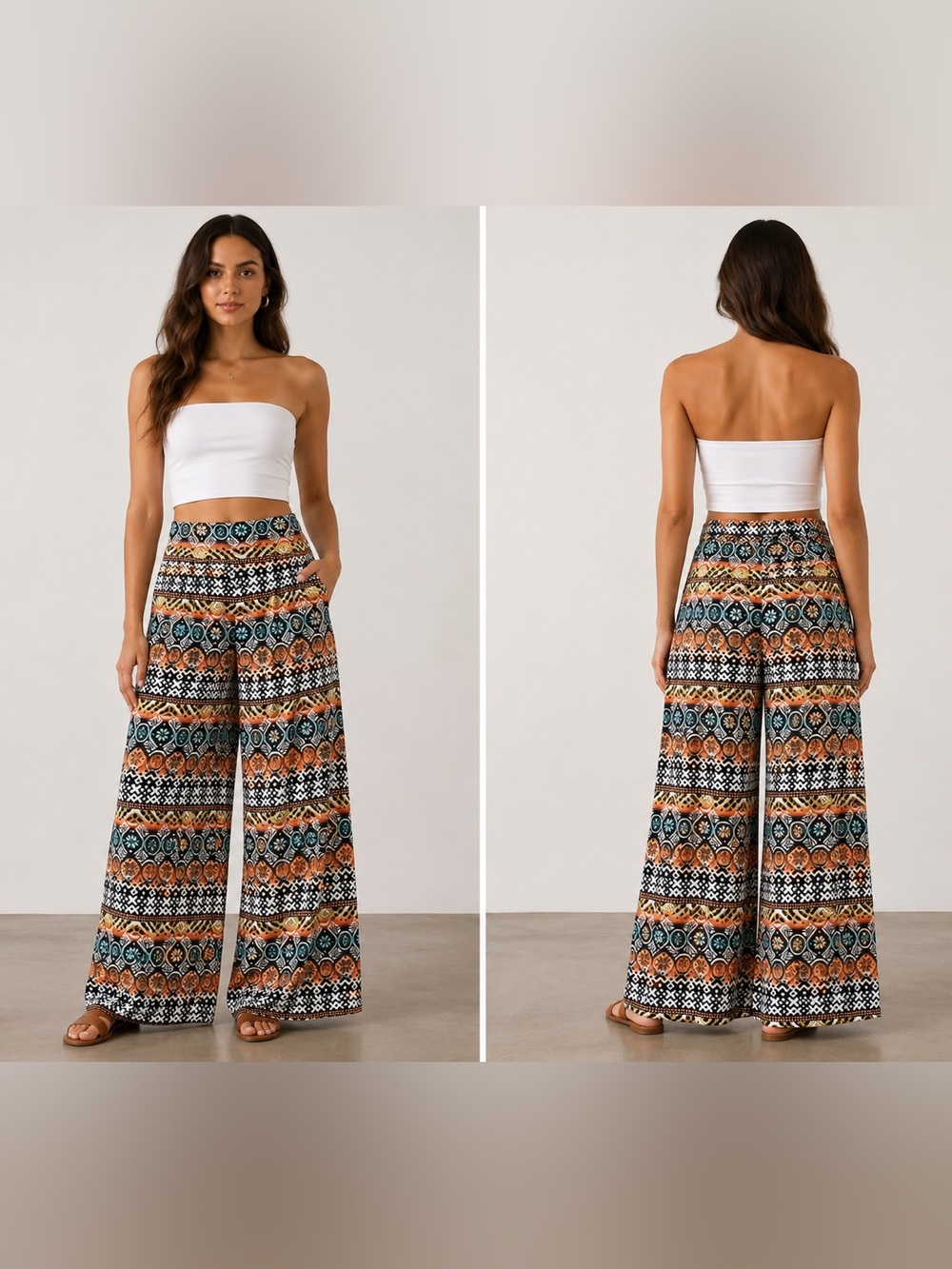 Bold Tribal Print Wide Leg Palazzo Pants Orange & Teal Size: Small